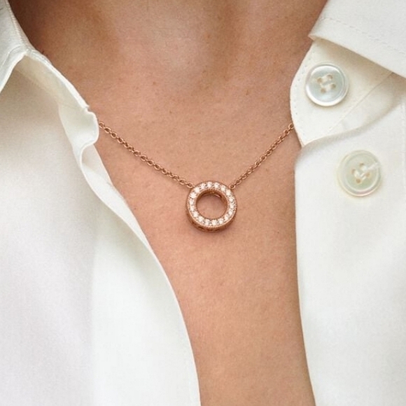 Authentic NEW Pandora Logo Pavé Circle Collier Necklace 14K RGP CZ - Picture 8 of 11